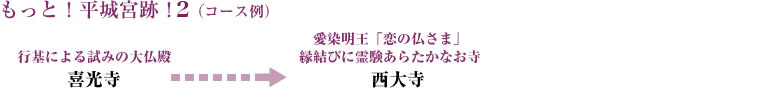 平城遷都1300年　天平の古寺巡り：行基による試みの大仏殿「喜光寺」→福徳円満の守護善神・枝芸天「秋篠寺」→愛染明王“恋の仏さま”縁結びに霊験あらたかなお寺」西大寺